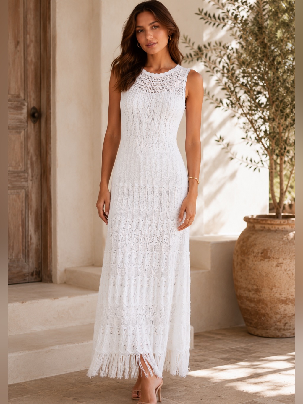 Torn By Ronny Kobo Ryan Dress White Crochet Fringe Open Back Midi Nwt M Viral